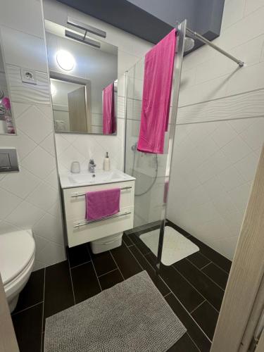 ブダペストにあるKoki apartmanのバスルーム(シンク、ピンクのタオル付きシャワー付)