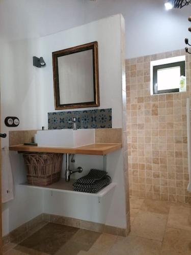une salle de bain avec un lavabo et un miroir dans l'établissement Le Mazet d'Alexis, à Maubec
