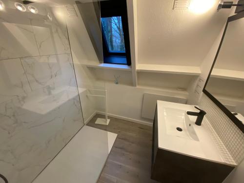 a bathroom with a white sink and a shower at Chalet 23 in Durbuy