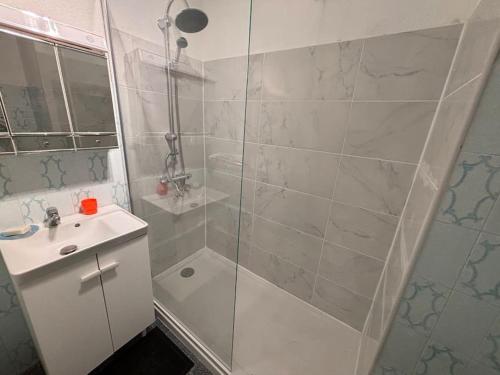 une salle de bain avec douche et lavabo dans l'établissement Studio plage de Sainte Asile, à Saint-Mandrier-sur-Mer