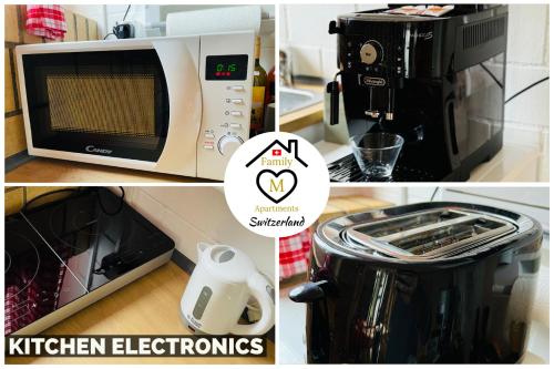 a collage of pictures with a microwave and a coffee maker at Family M Apartments 1 in Kappel bei Olten