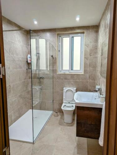 a bathroom with a shower and a toilet and a sink at Brand New Ta' Cenc Apartment in Sannat