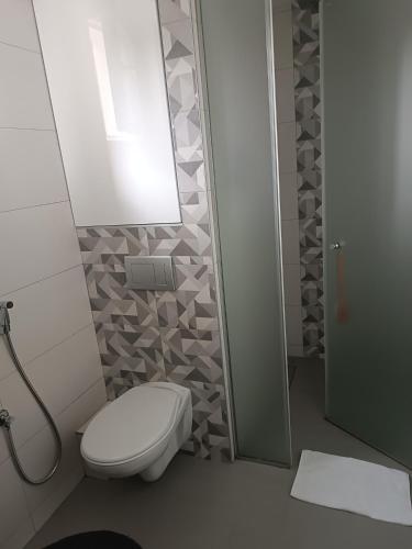 a bathroom with a toilet and a mirror at Cozy Nest Apartment Konjic in Konjic