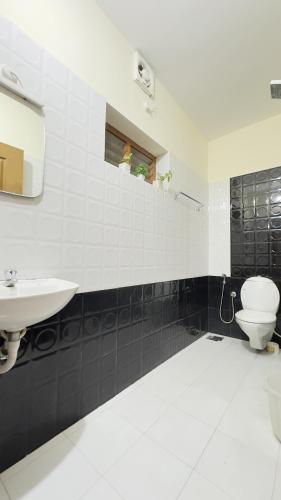 a white bathroom with a sink and a toilet at Alchemist Villa-Kazhakootam in Trivandrum