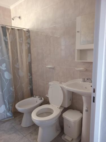 a bathroom with a toilet and a sink at Departamentos Los dos Pinos in San José