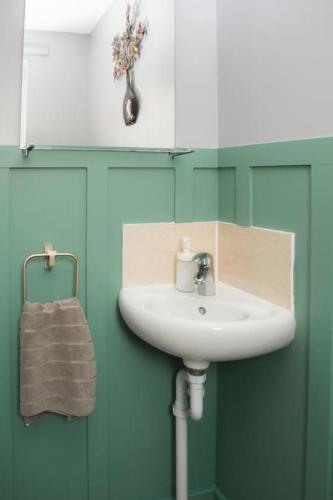 a bathroom with a sink and a green wall at Comfy Modern 3BR Semi Detached 400Mb Wifi Free Double Parking in Kenton