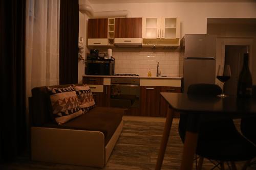 a living room with a couch and a kitchen at Arin l Aparthotel #1 in Craiova