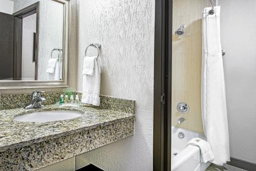 a bathroom with a sink and a mirror and a tub at Holiday Inn Houston SW-Near Sugar Land, an IHG Hotel in Houston