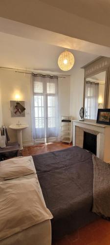 a bedroom with a large bed and a fireplace at Comme à la Maison - Accueil tout Public - Groupes - Rando - Vélos - Motos in Saint-Paul-de-Fenouillet