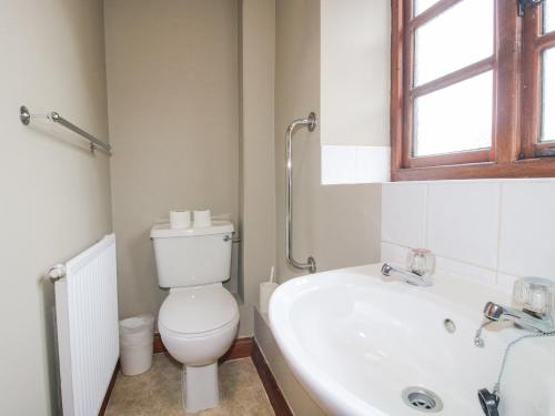 a bathroom with a toilet and a tub and a sink at The Onibury in Craven Arms