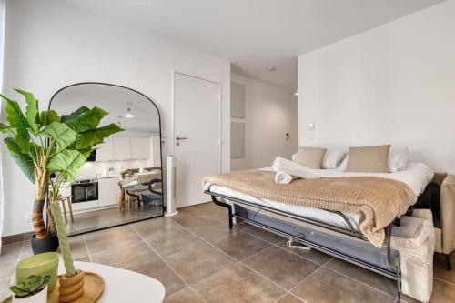 une chambre avec un lit et un salon dans l'établissement ZenBNB - Rova - 4 pers - Centre Ville- Wifi, à Annemasse