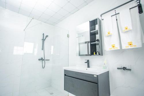 een witte badkamer met een wastafel en een douche bij 520 hôtel & Résidence in Abidjan
