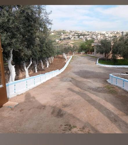a dirt road with trees and a white fence at شقه مفروشه للايجار و بيت مزرعة مفروشه للايجار in Jerash