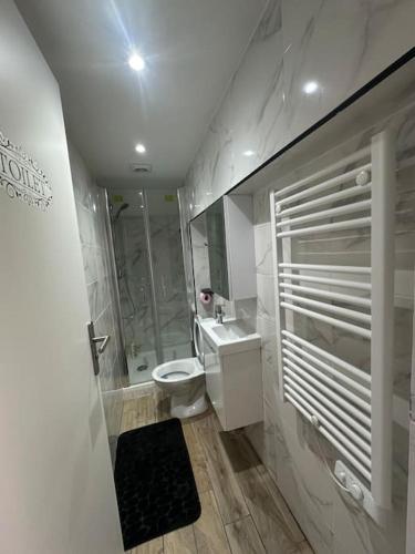 une salle de bain blanche avec toilettes et douche dans l'établissement Charmante studio ligne 13 tram 5 saint denis, à Pierrefitte-sur-Seine