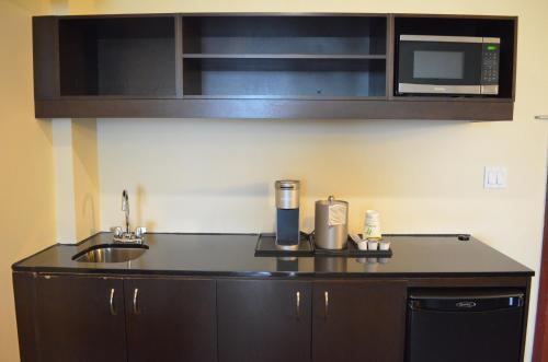 a kitchen counter with a sink and a microwave at Holiday Inn & Suites Montreal Airport by IHG in Dorval