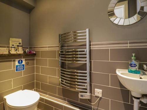 a bathroom with a toilet and a sink and a mirror at Quill Farm Barn in Campsea Ashe