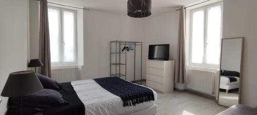 a bedroom with a bed and a tv and windows at Maison Hestia 70m2 5 personnes, pleine campagne proximité d'Orthez in Castétis