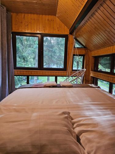 a large bed in a room with windows at Misha's House in Porumbacu de Sus