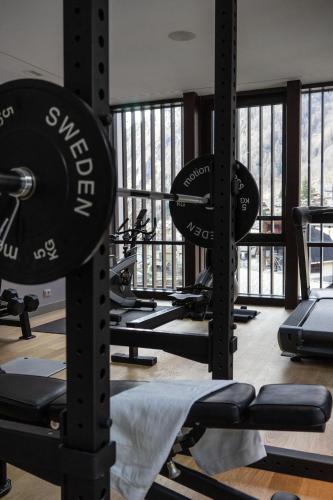 a gym with lots of treadmills and weights at Villa Carona Hotel & Spa in Carona