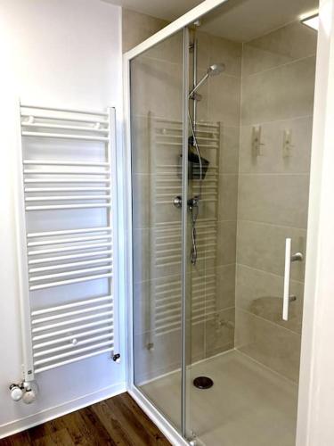 une douche avec une porte vitrée dans une salle de bain dans l'établissement Appartement Méréa, à Arès