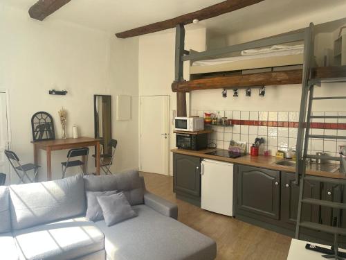 un salon avec un canapé et une cuisine dans l'établissement Appartement centre historique, à Aix-en-Provence