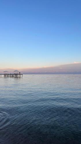 a view of a large body of water with a pier at Двух этажный таунхаус в 100 метрах от берега in Cholpon-Ata