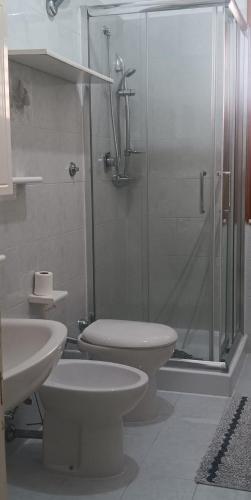 a bathroom with a shower and a toilet and a sink at SWEET Apartment in San Giorgio Ionico