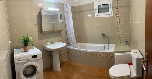 a bathroom with a sink and a toilet and a washing machine at Vagias Home in Kanali