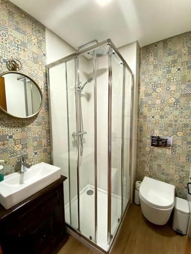 a bathroom with a shower and a sink and a toilet at Casa Torre do Sino in Montalegre