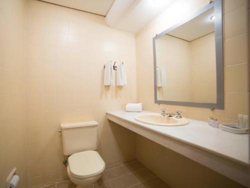 a bathroom with a toilet and a sink and a mirror at Sumatra Hotel e Centro de Convenções in Londrina