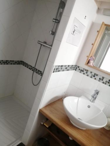 une salle de bain avec un lavabo et une douche dans l'établissement Appartement Guidel - Capitaine Quillien, à Guidel