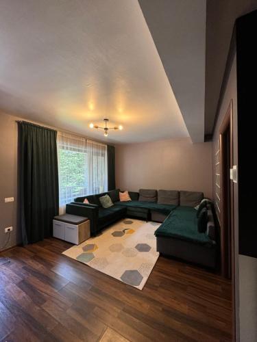 a living room with a green couch and a rug at Apartament DoDe Predeal in Predeal