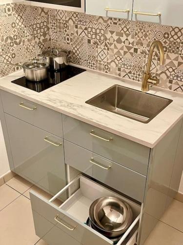 un comptoir de cuisine avec un évier et un évier dans l'établissement Logement entier calme à Rosny sous Bois - proche Gare et 20min de Paris, à Rosny-sous-Bois