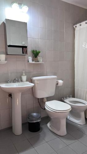 a bathroom with a toilet and a sink at La Casita de Lorena in El Bolsón