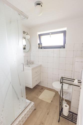a bathroom with a shower and a toilet and a sink at Muraň2 in Terchová