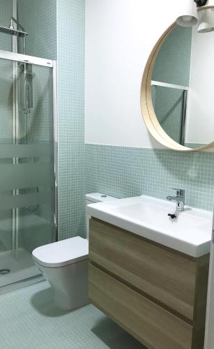 a bathroom with a sink and a toilet and a mirror at Coniferas in Santander