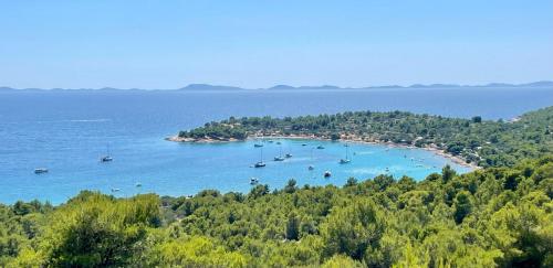 an aerial view of a beach with boats in the water at Luxury apartment Betina in Betina
