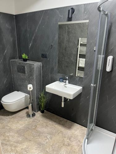 a bathroom with a sink and a toilet and a mirror at Boutique Hotel Pošta RL in Oravský Podzámok