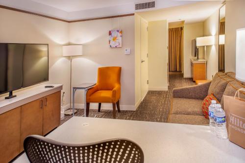 a living room with a couch and a tv at Hilton Garden Inn St. Louis/Chesterfield in Chesterfield