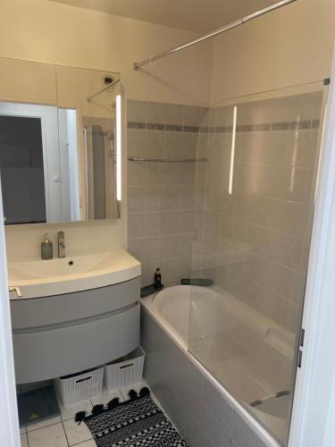 une salle de bain avec une baignoire, un lavabo et un miroir dans l'établissement Lac Zen & Frissons des JO 2024, à Épinay-sur-Seine