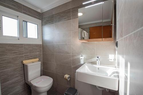 a bathroom with a toilet and a sink and a mirror at Elena Studios in Athanion