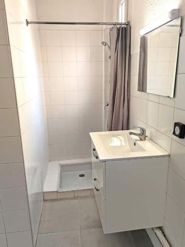 une salle de bain blanche avec un lavabo et une douche dans l'établissement Le Centre du Monde, à Perpignan