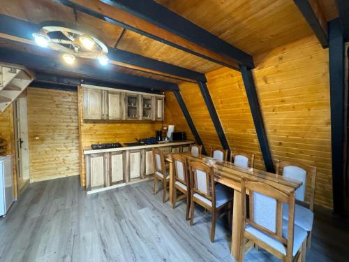 a kitchen with wooden walls and a wooden table and chairs at Cabana Sofia in Burzeşti