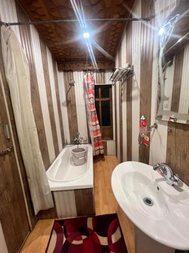 a bathroom with a sink and a bath tub at Peacock Houseboats in Srinagar