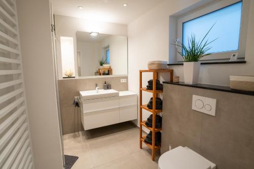 a bathroom with a sink and a toilet and a mirror at Luxuswohnung 95qm in Waldrandlage zwischen Köln und Düsseldorf-Nähe Messe - Lanxessarena - Bayarena in Leverkusen