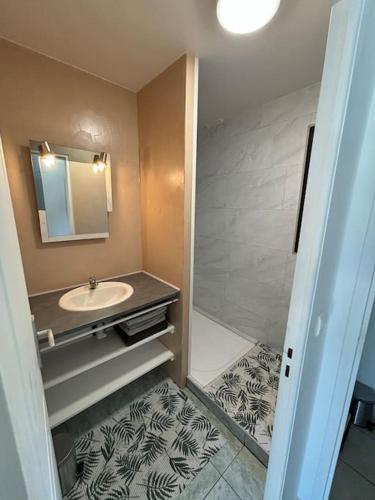 une salle de bain avec un lavabo et une douche dans l'établissement Côté bassin, maison 4 personnes, à Biganos