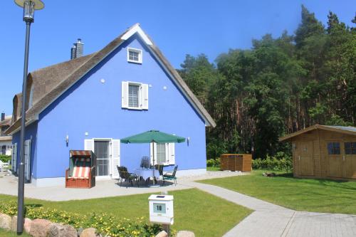 een blauw huis met een tafel en stoelen in een tuin bij Reethaus Deichkrone in Breege