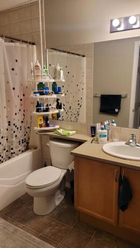 a bathroom with a toilet and a tub and a sink at The King place, is a ROOM in a PRIVATE HOUSE, close to CTrain and Spruce Meadows Equestrian in Calgary