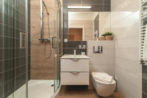 a bathroom with a shower and a toilet and a sink at Apartament typu studio Doris 3 - 50m od plaży in Pobierowo