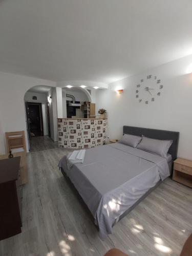 a bedroom with a large bed and a clock on the wall at Garsoniera tiglina1 in Galaţi